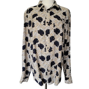 Floral Paisley Navy Gold White Button Top Women M Fall Artsy Office Work Classy